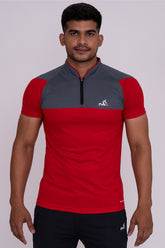 Stand Neck Semi Collar T-Shirts Red Dark Grey